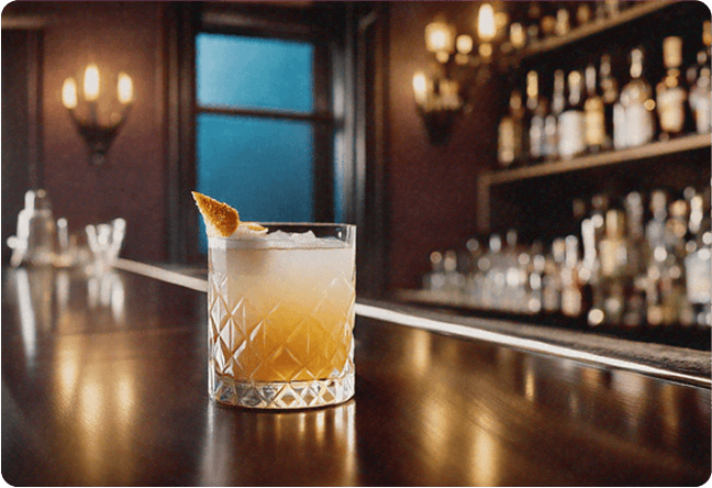 Craft cocktail on a wooden bar with warm lighting