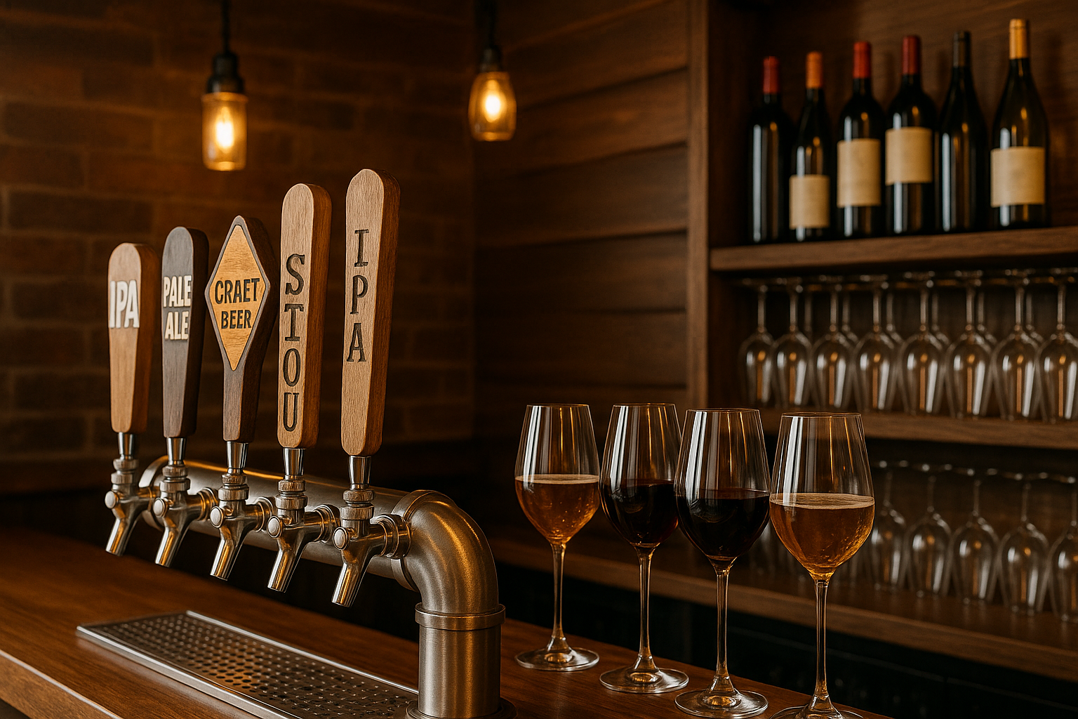 Craft beer taps and wine selection in a welcoming atmosphere